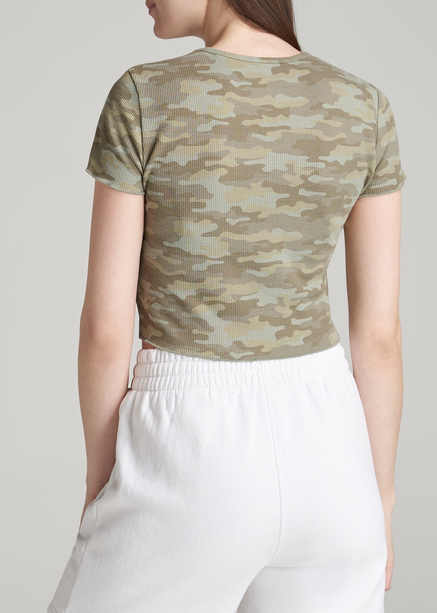 Cropped Waffle Tee for Tall Women in Green Camo Print