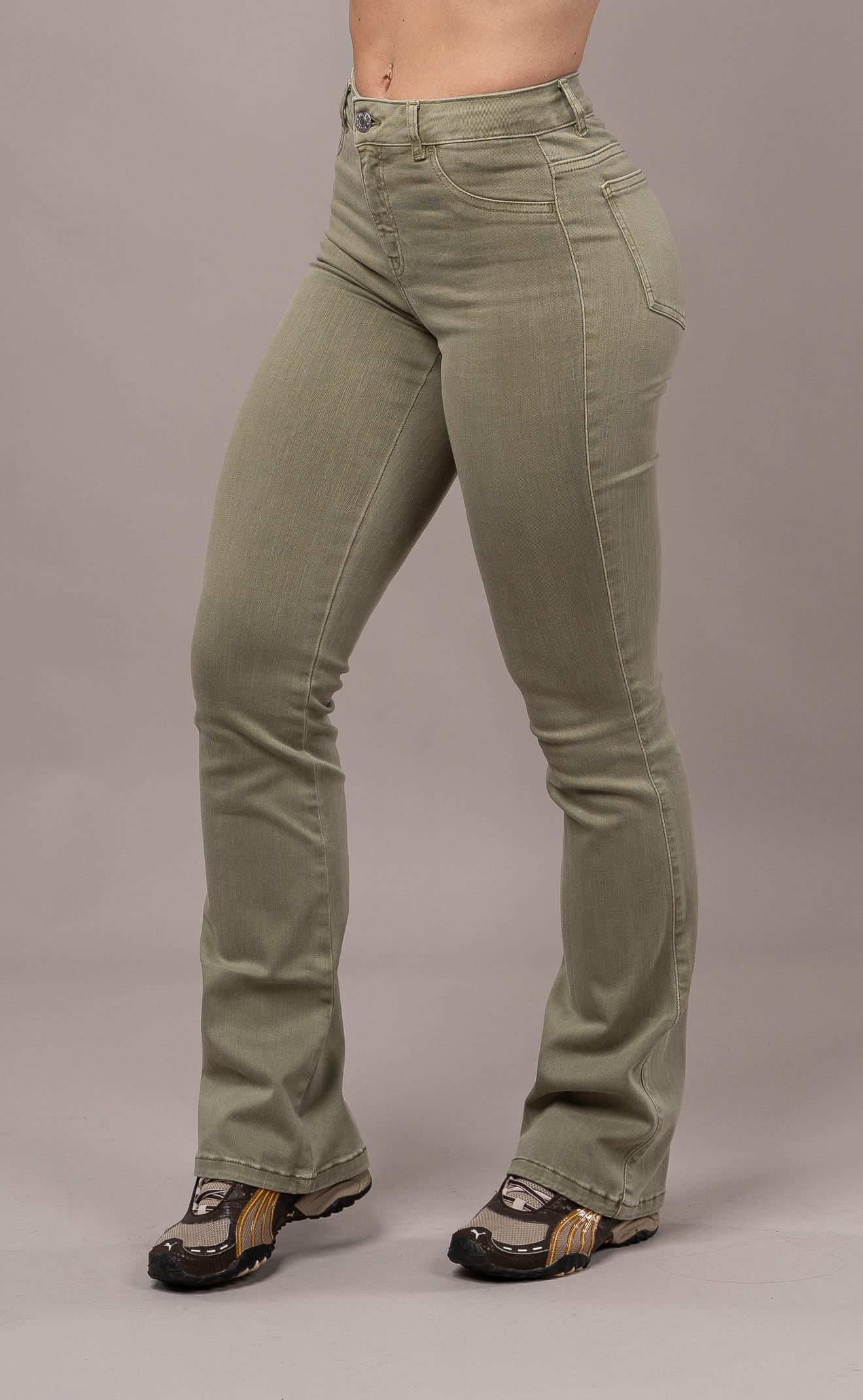 Womens Pastel Flared Mid Waisted Fitjeans - Khaki