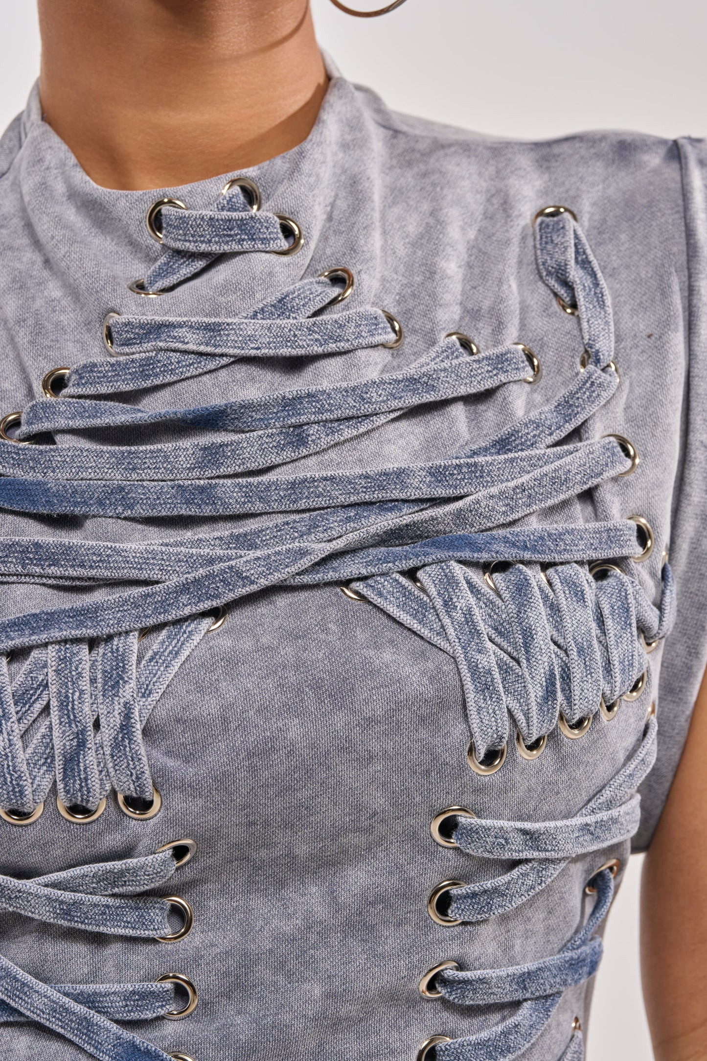 ALL ABOUT IT LACE UP MINI DRESS IN MEDIUM BLUE DENIM