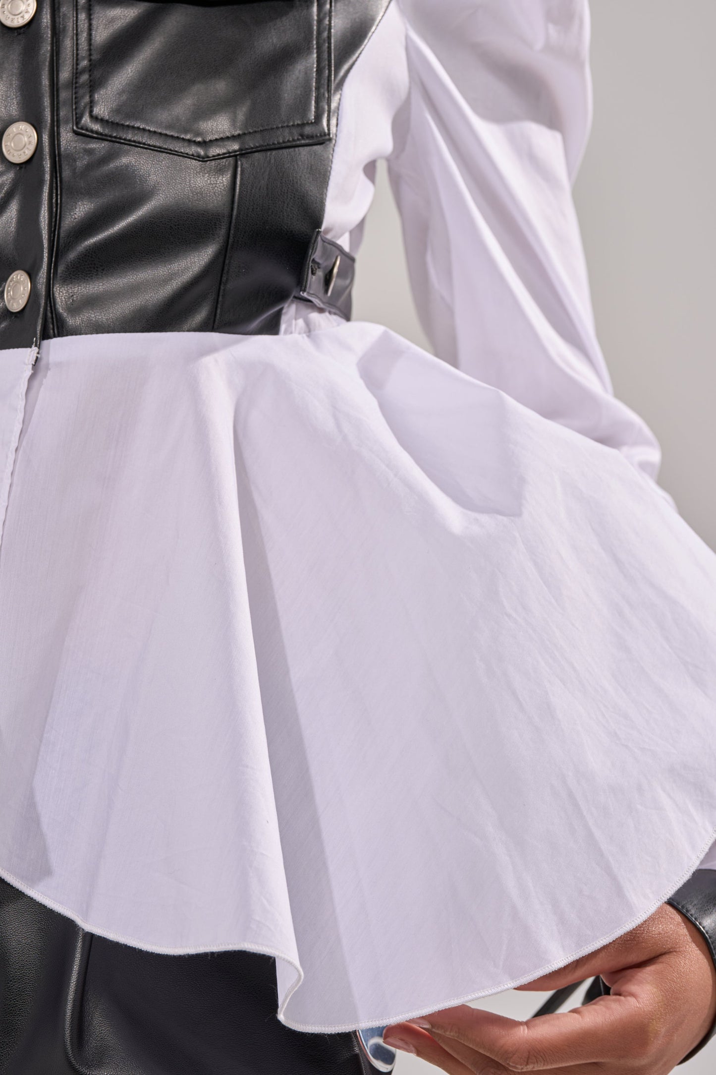 ALWAYS FABULOUS FAUX LEATHER DETAIL BUTTON DOWN BLOUSE