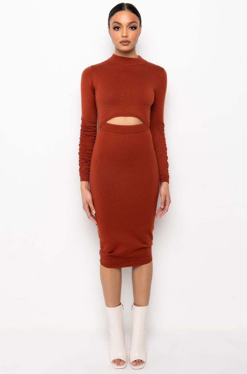 ALL THE RIGHT PLACES RUCHED BACK SWEATER DRESS rust