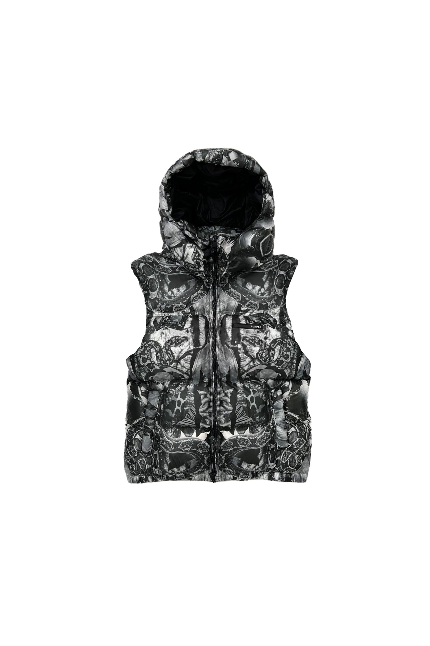 P623 POLY SNAP OFF HOOD PUFFER VEST - Black Multi
