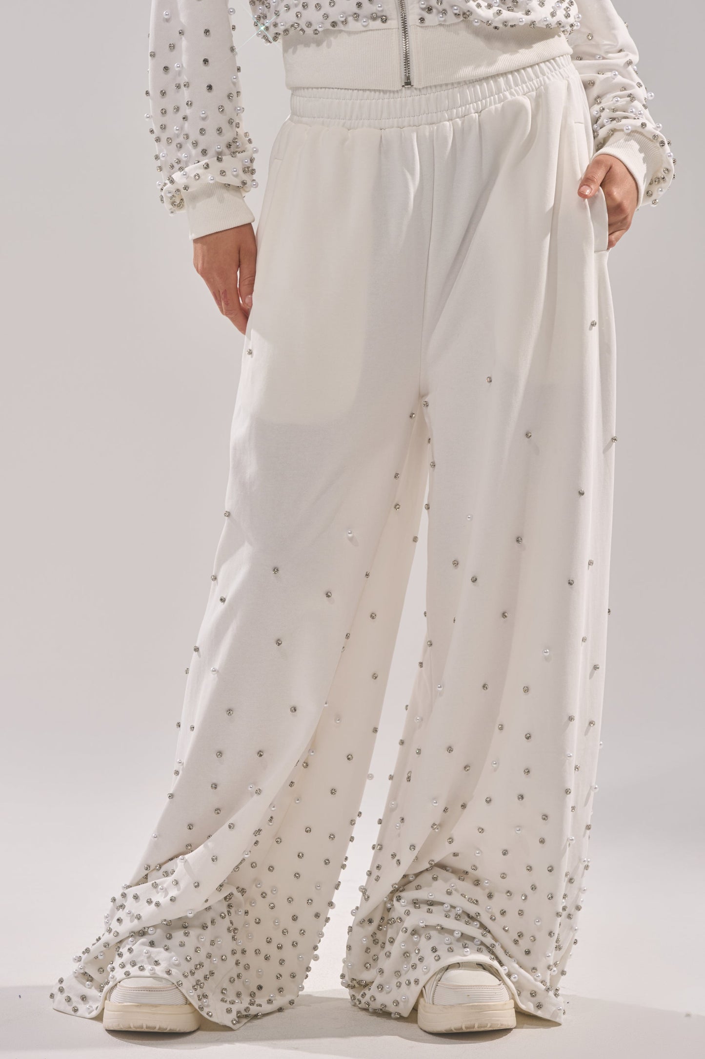 ALL IN WHITE RHINESTONE WIDE LEG JOGGER