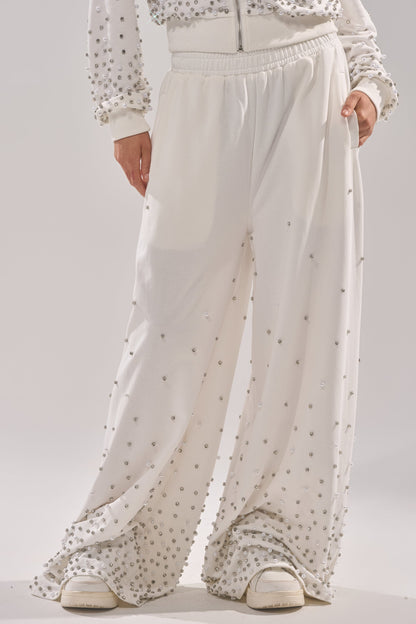 ALL IN WHITE RHINESTONE WIDE LEG JOGGER