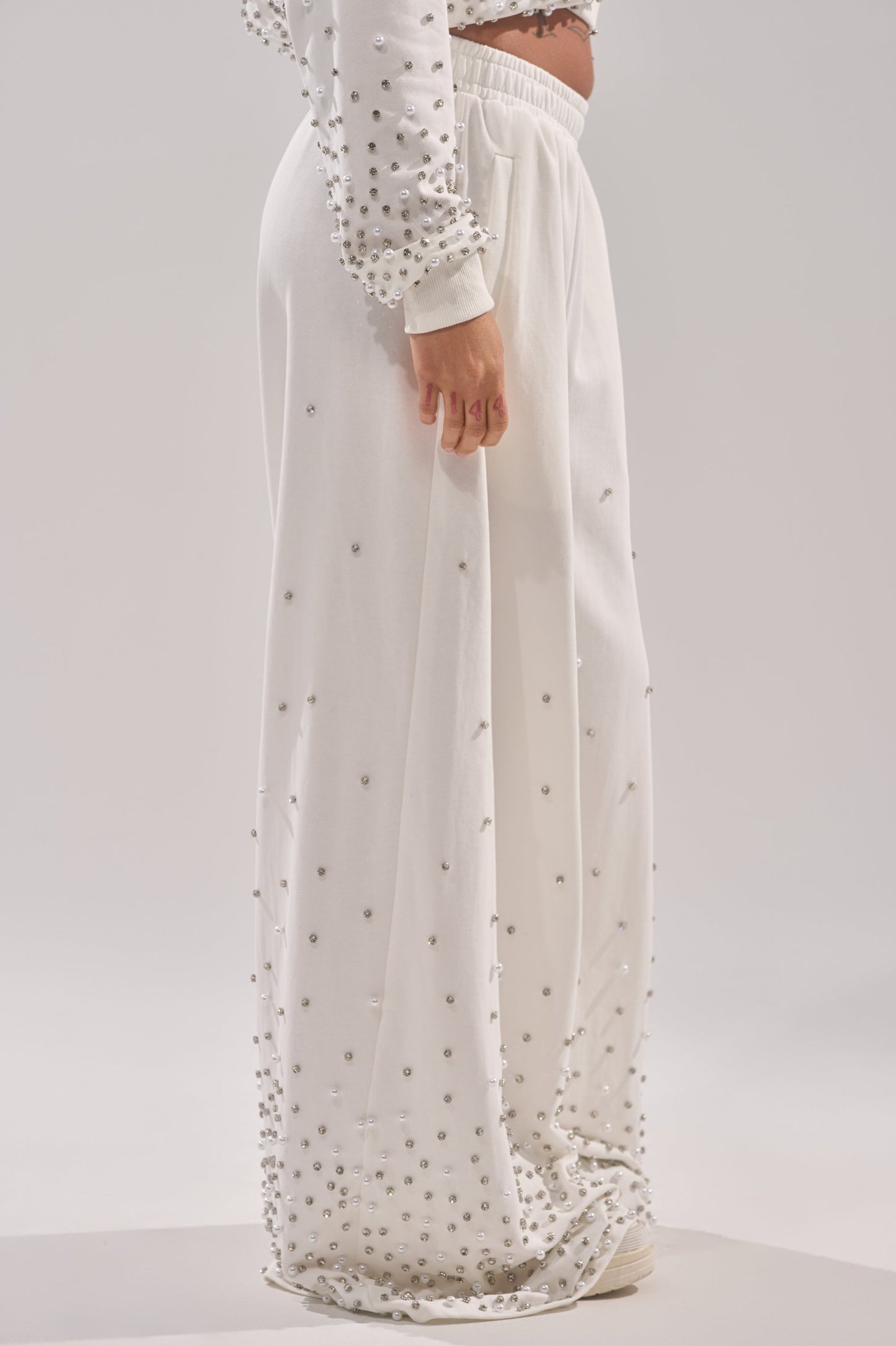 ALL IN WHITE RHINESTONE WIDE LEG JOGGER