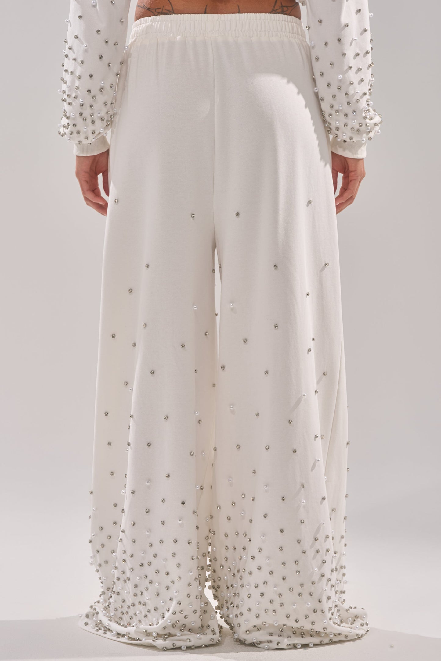 ALL IN WHITE RHINESTONE WIDE LEG JOGGER