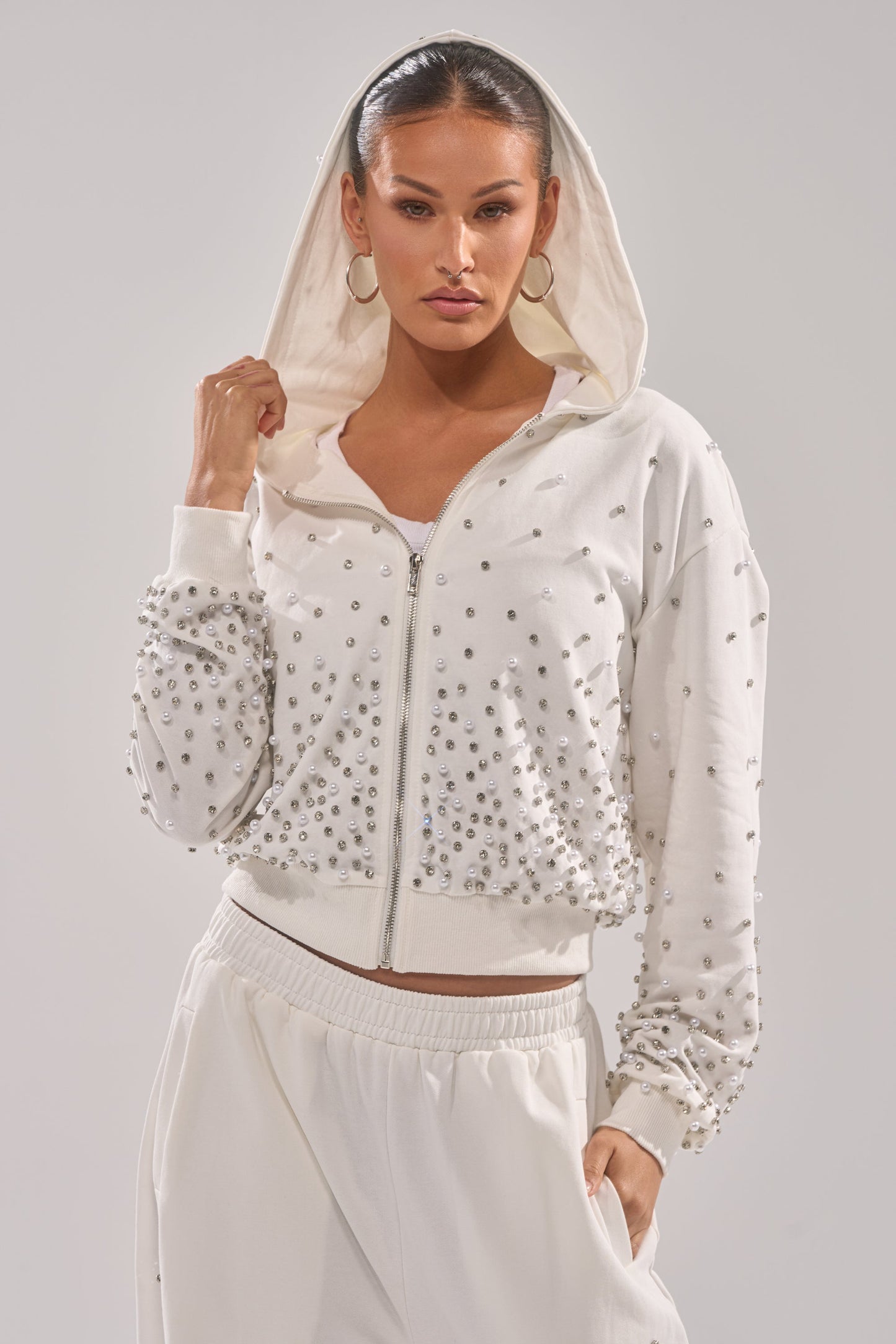 ALL IN WHITE RHINESTONE ZIP UP SWEATSHIRT