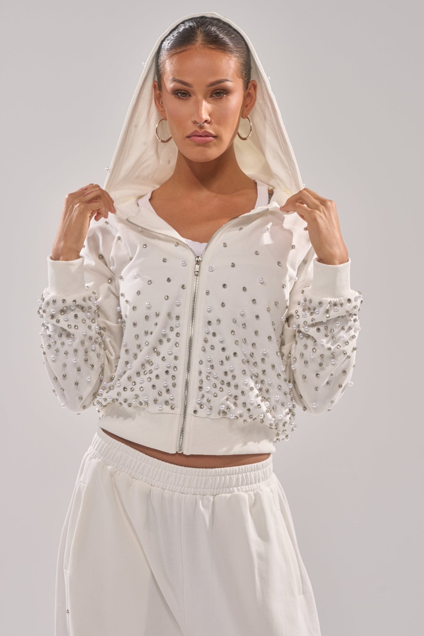 ALL IN WHITE RHINESTONE ZIP UP SWEATSHIRT