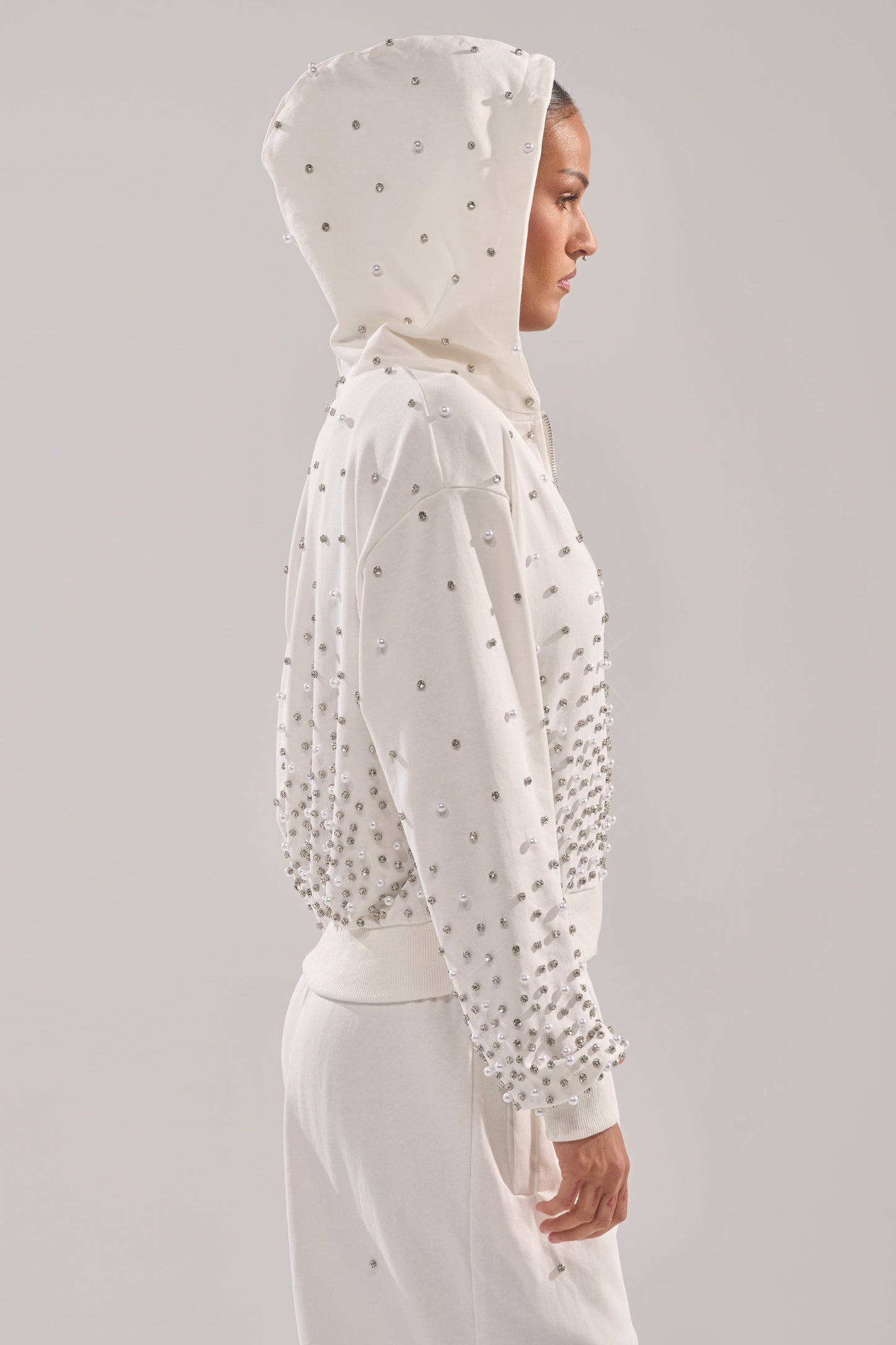 ALL IN WHITE RHINESTONE ZIP UP SWEATSHIRT
