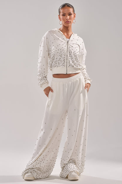 ALL IN WHITE RHINESTONE ZIP UP SWEATSHIRT
