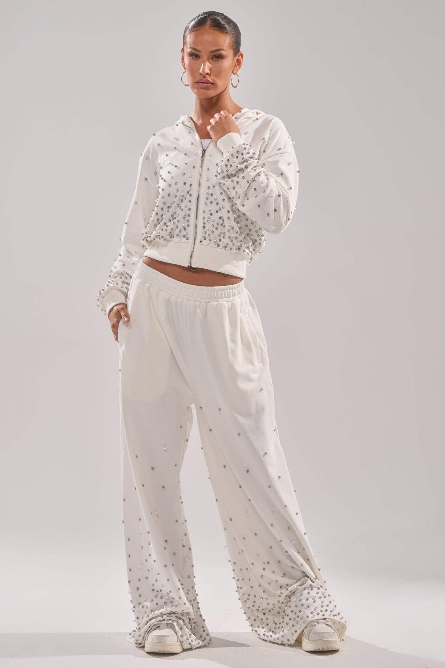 ALL IN WHITE RHINESTONE ZIP UP SWEATSHIRT