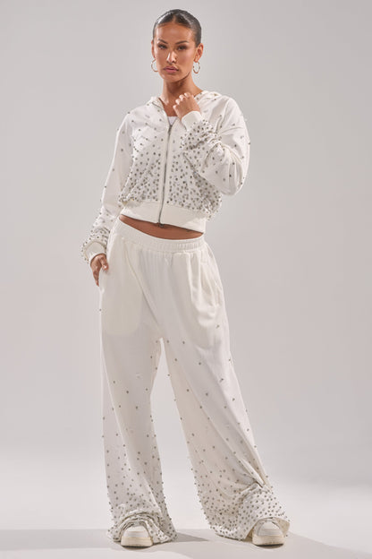 ALL IN WHITE RHINESTONE ZIP UP SWEATSHIRT