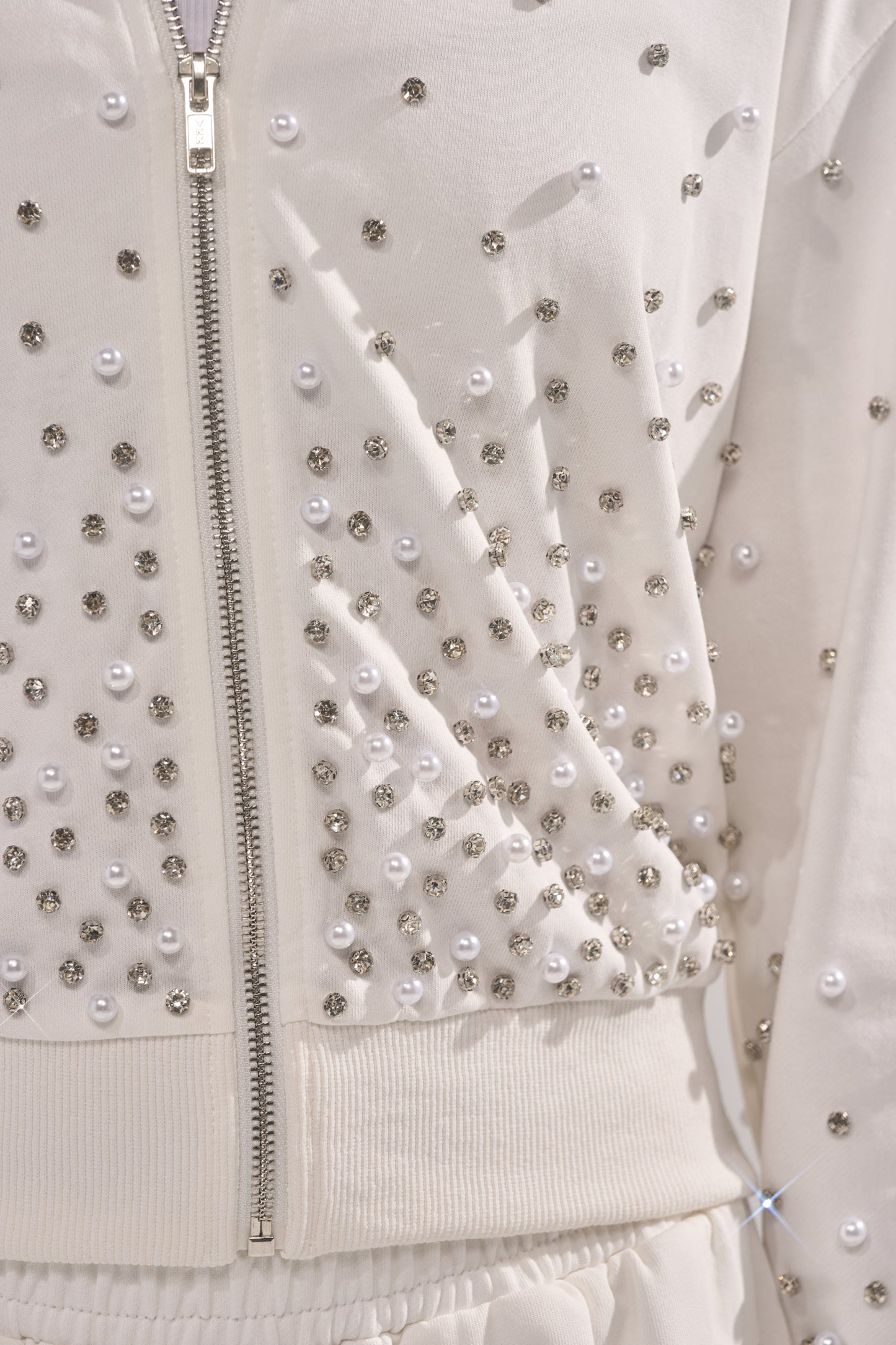 ALL IN WHITE RHINESTONE ZIP UP SWEATSHIRT