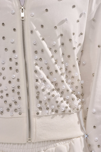 ALL IN WHITE RHINESTONE ZIP UP SWEATSHIRT