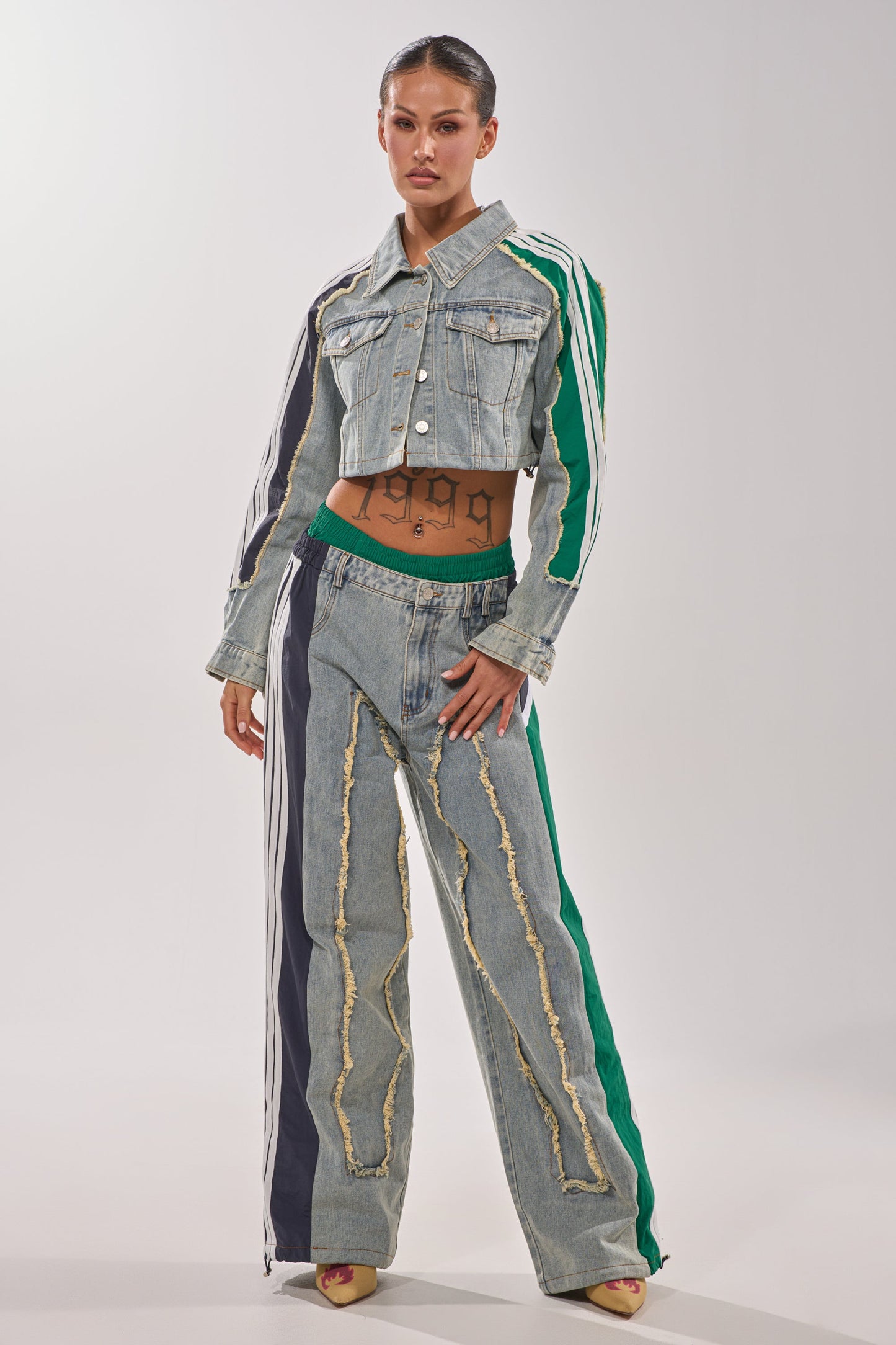 ALL AROUND THE WORLD PATCHWORK DENIM JOGGER PANT IN GREEN MULTI
