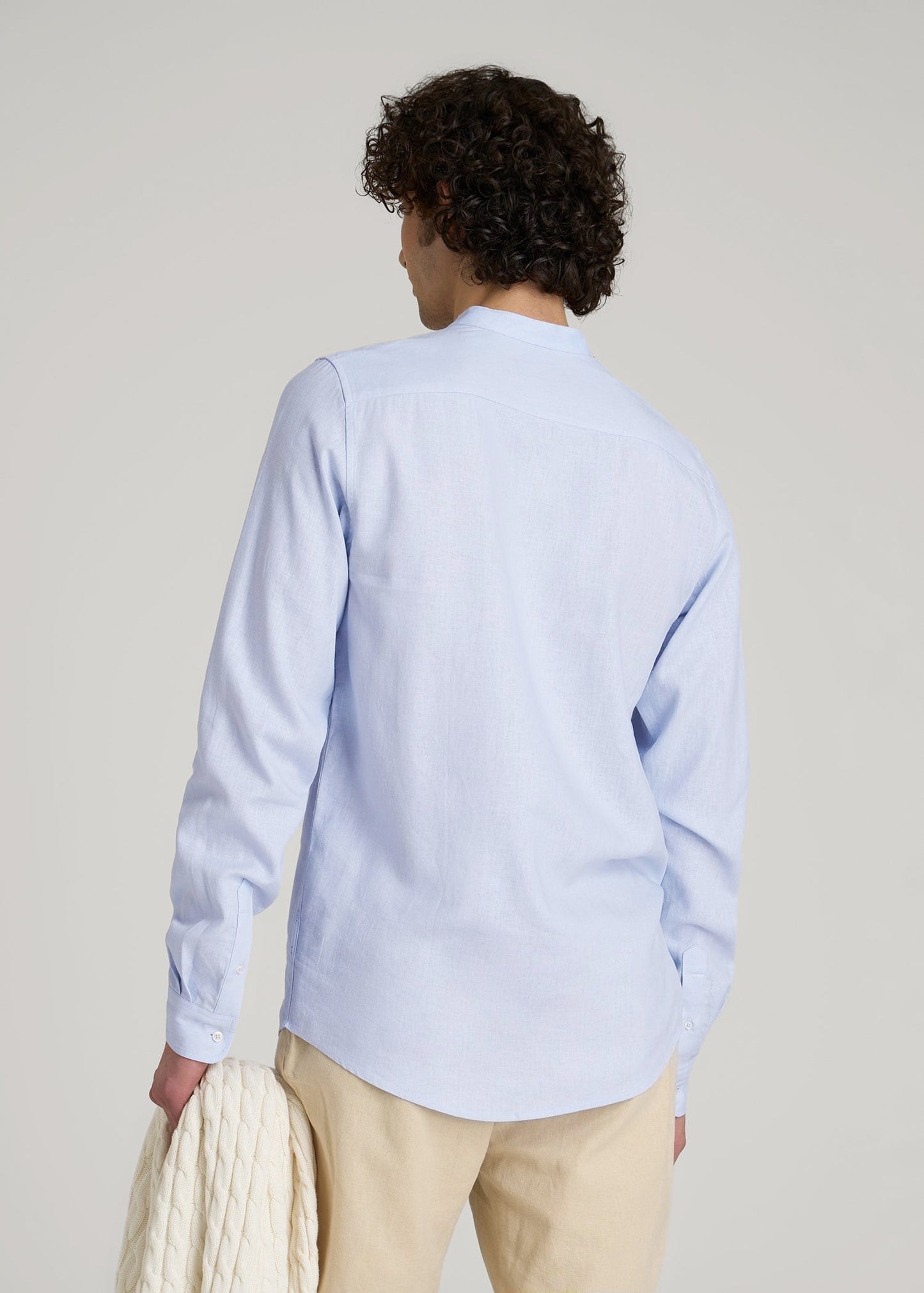 Band Collar Linen Button Shirt for Tall Men in Airy Blue