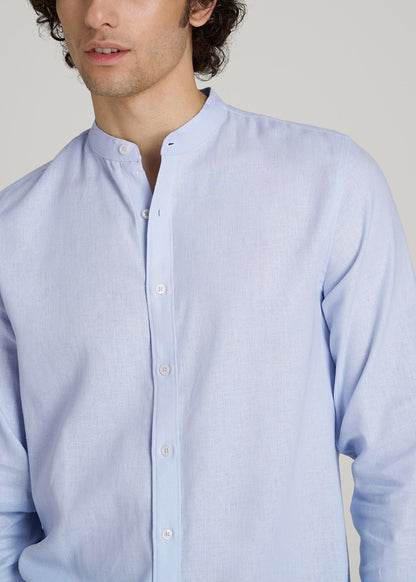 Band Collar Linen Button Shirt for Tall Men in Airy Blue