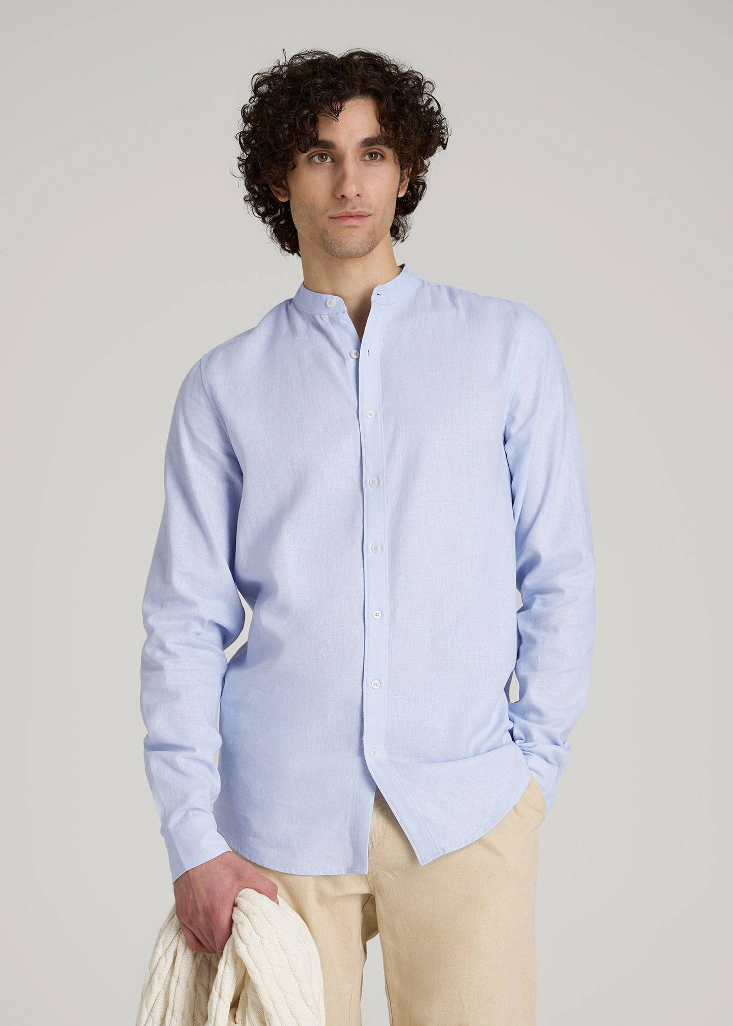 Band Collar Linen Button Shirt for Tall Men in Airy Blue