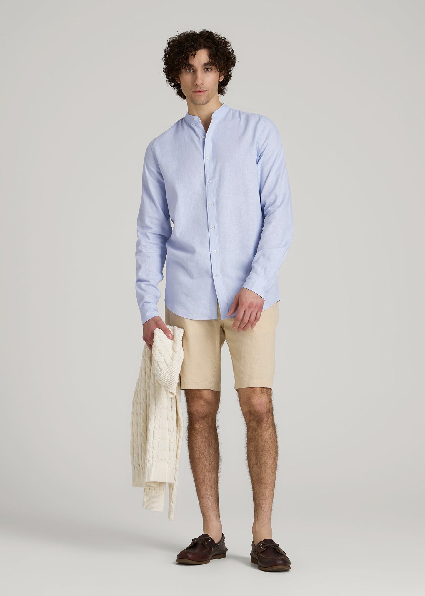 Band Collar Linen Button Shirt for Tall Men in Airy Blue