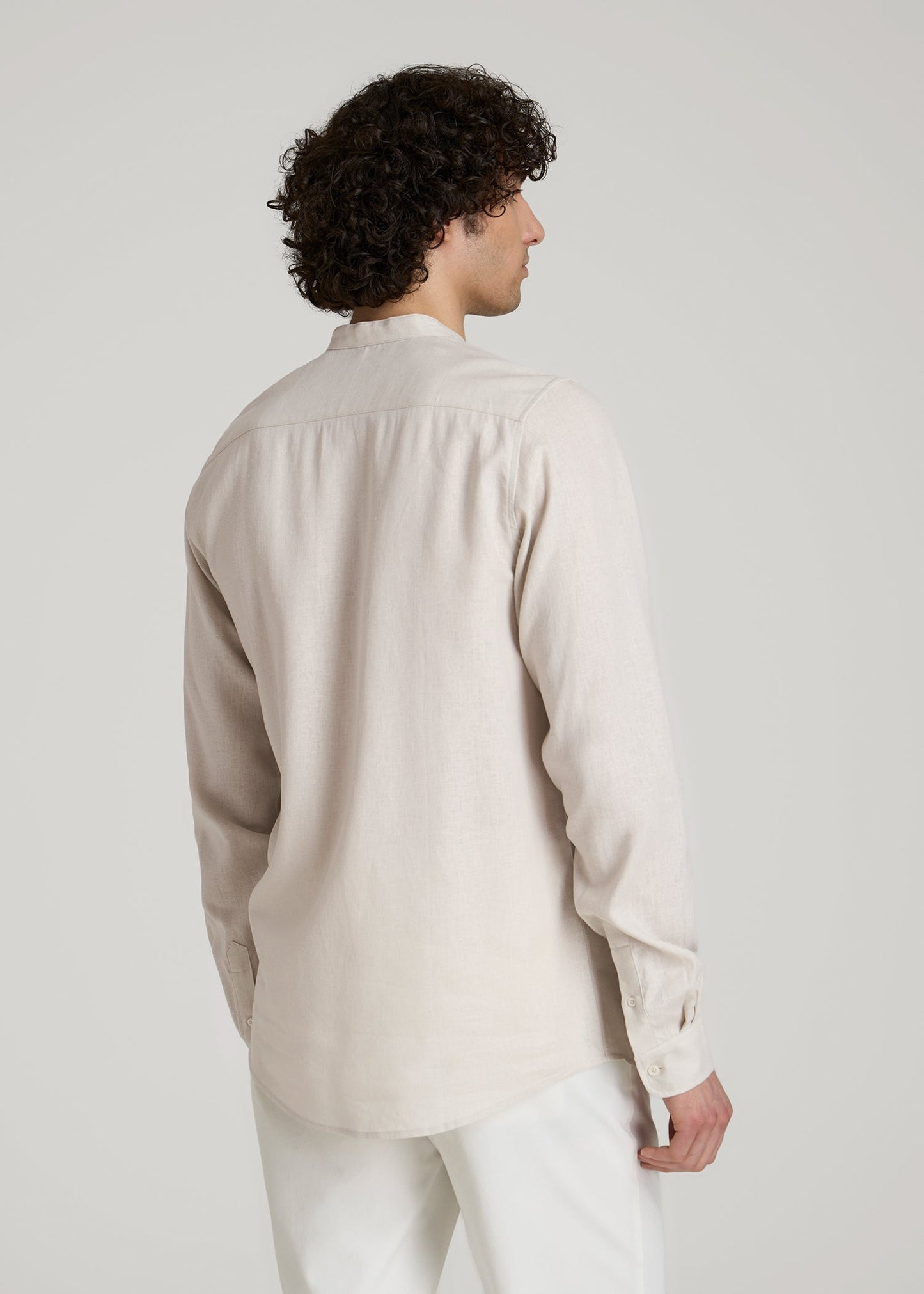 Band Collar Linen Button Shirt for Tall Men in Drywall Tan