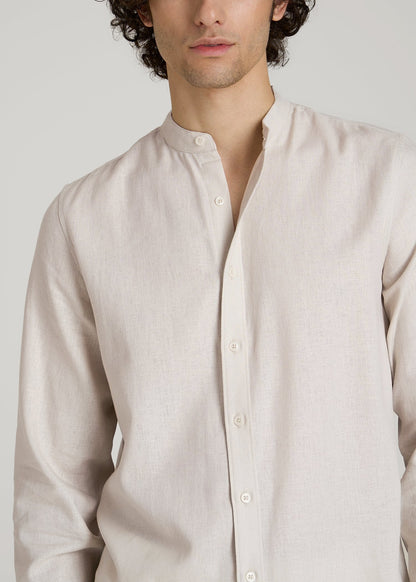 Band Collar Linen Button Shirt for Tall Men in Drywall Tan