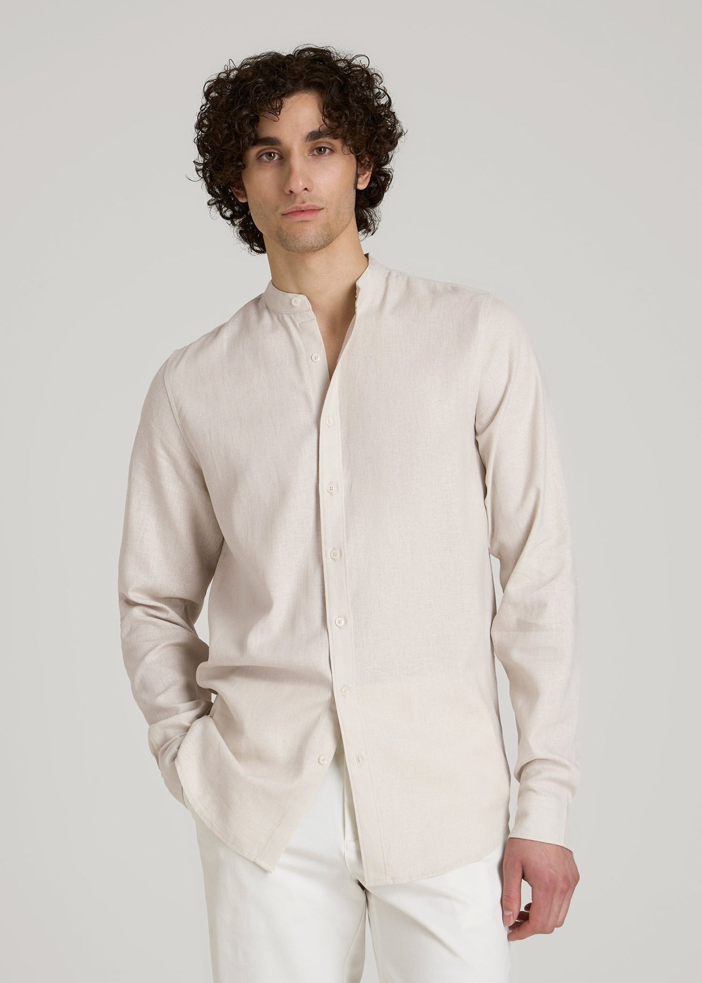 Band Collar Linen Button Shirt for Tall Men in Drywall Tan