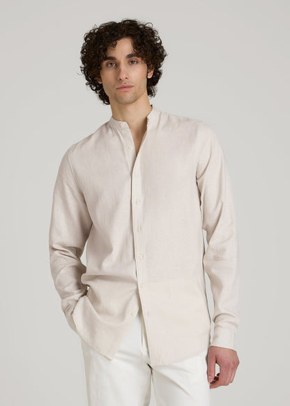 Band Collar Linen Button Shirt for Tall Men in Drywall Tan
