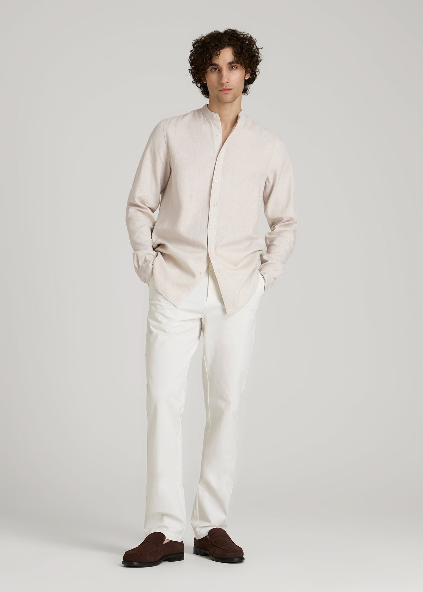 Band Collar Linen Button Shirt for Tall Men in Drywall Tan