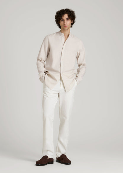 Band Collar Linen Button Shirt for Tall Men in Drywall Tan