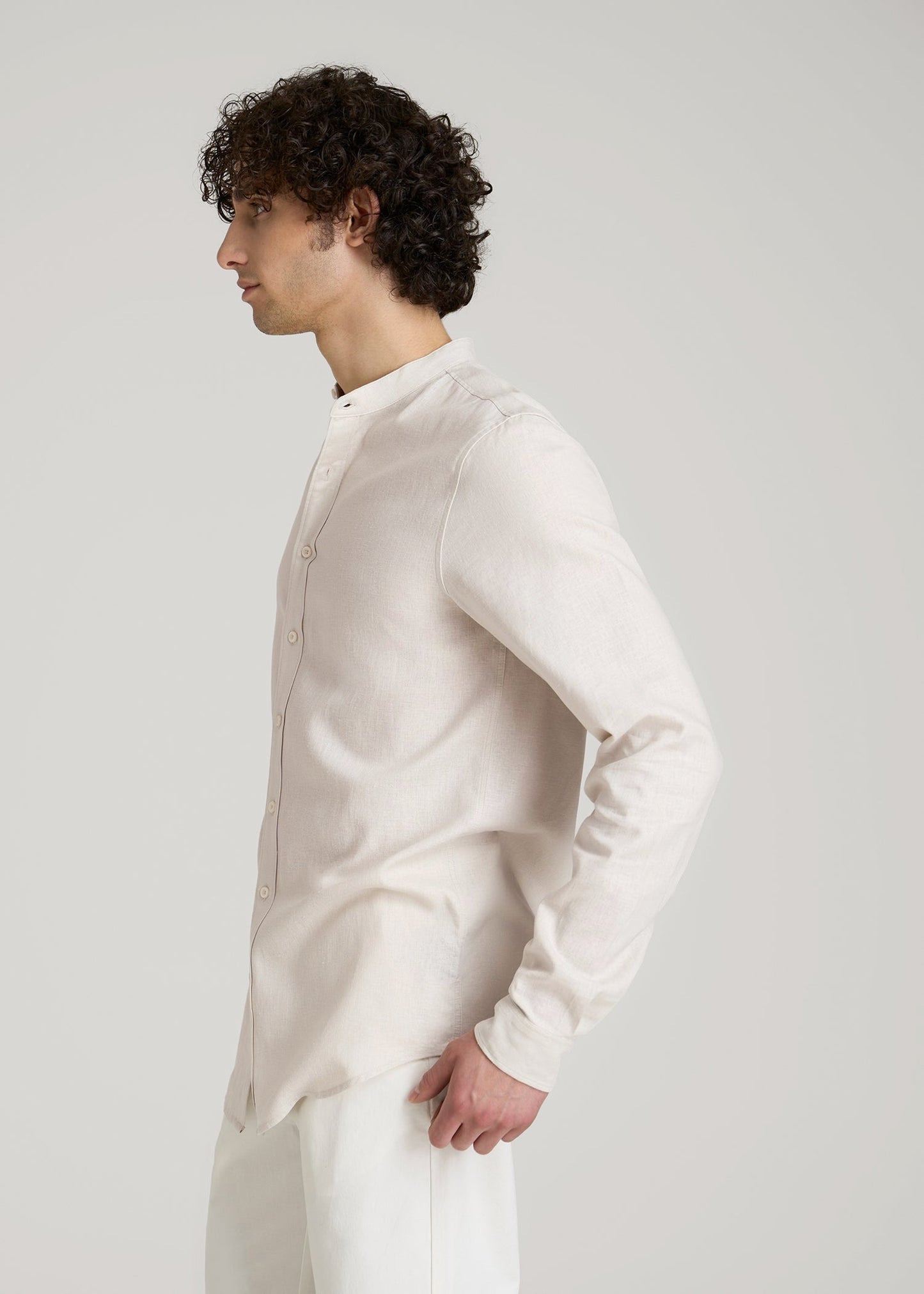 Band Collar Linen Button Shirt for Tall Men in Drywall Tan