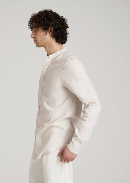 Band Collar Linen Button Shirt for Tall Men in Drywall Tan