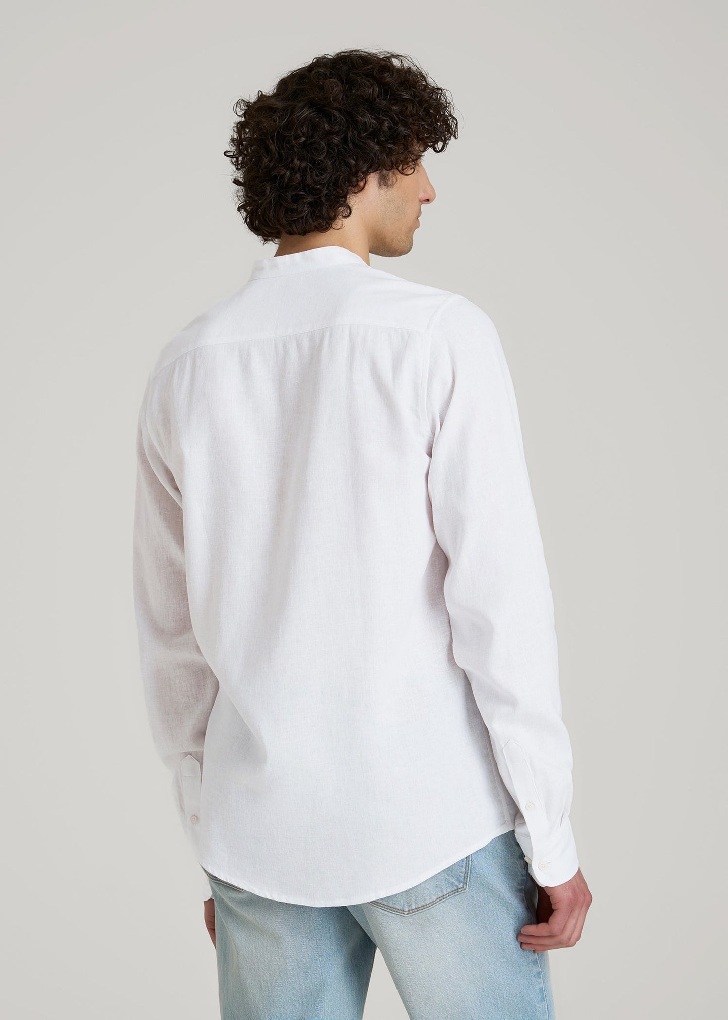 Band Collar Linen Button Shirt for Tall Men in Optic White