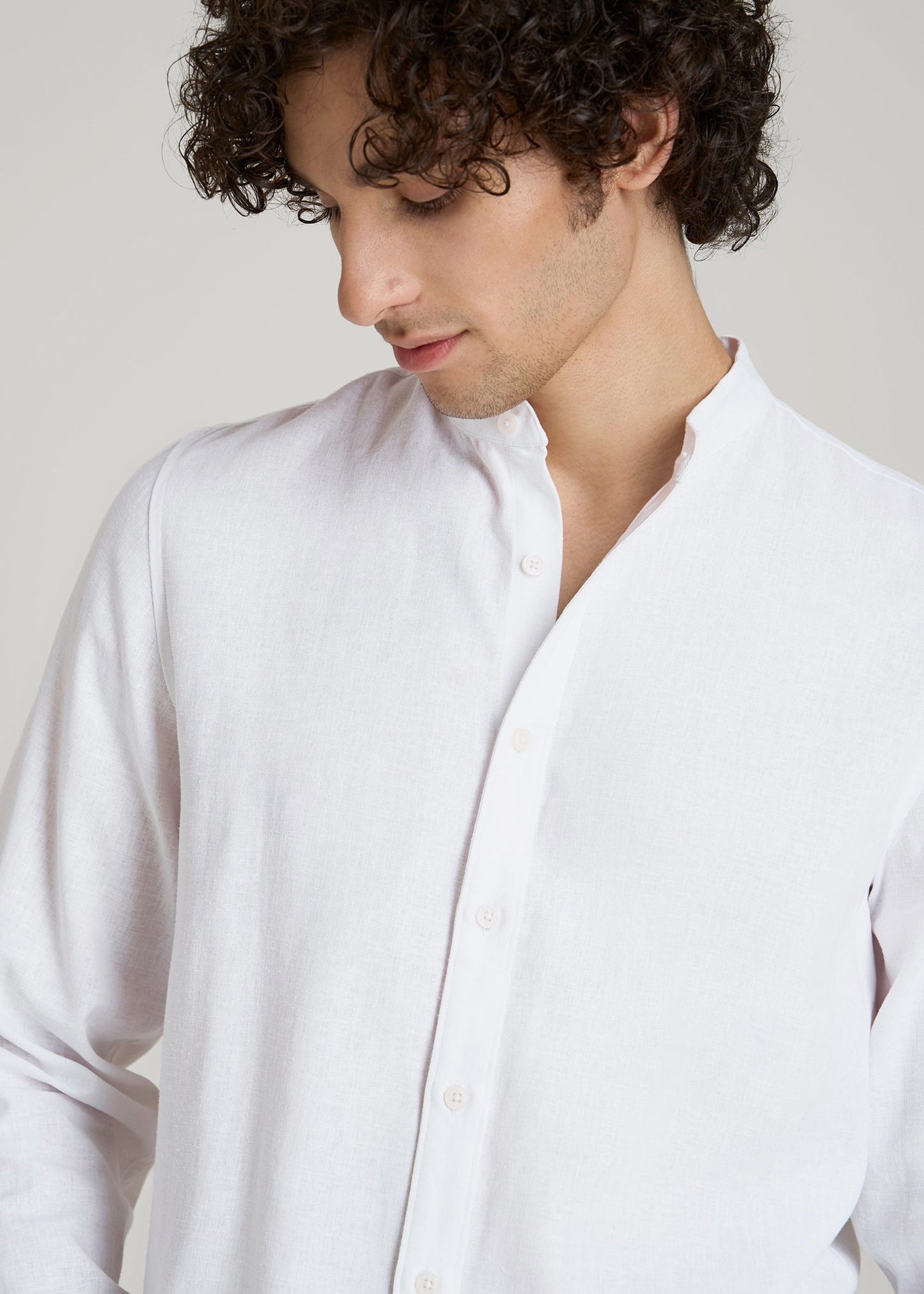 Band Collar Linen Button Shirt for Tall Men in Optic White