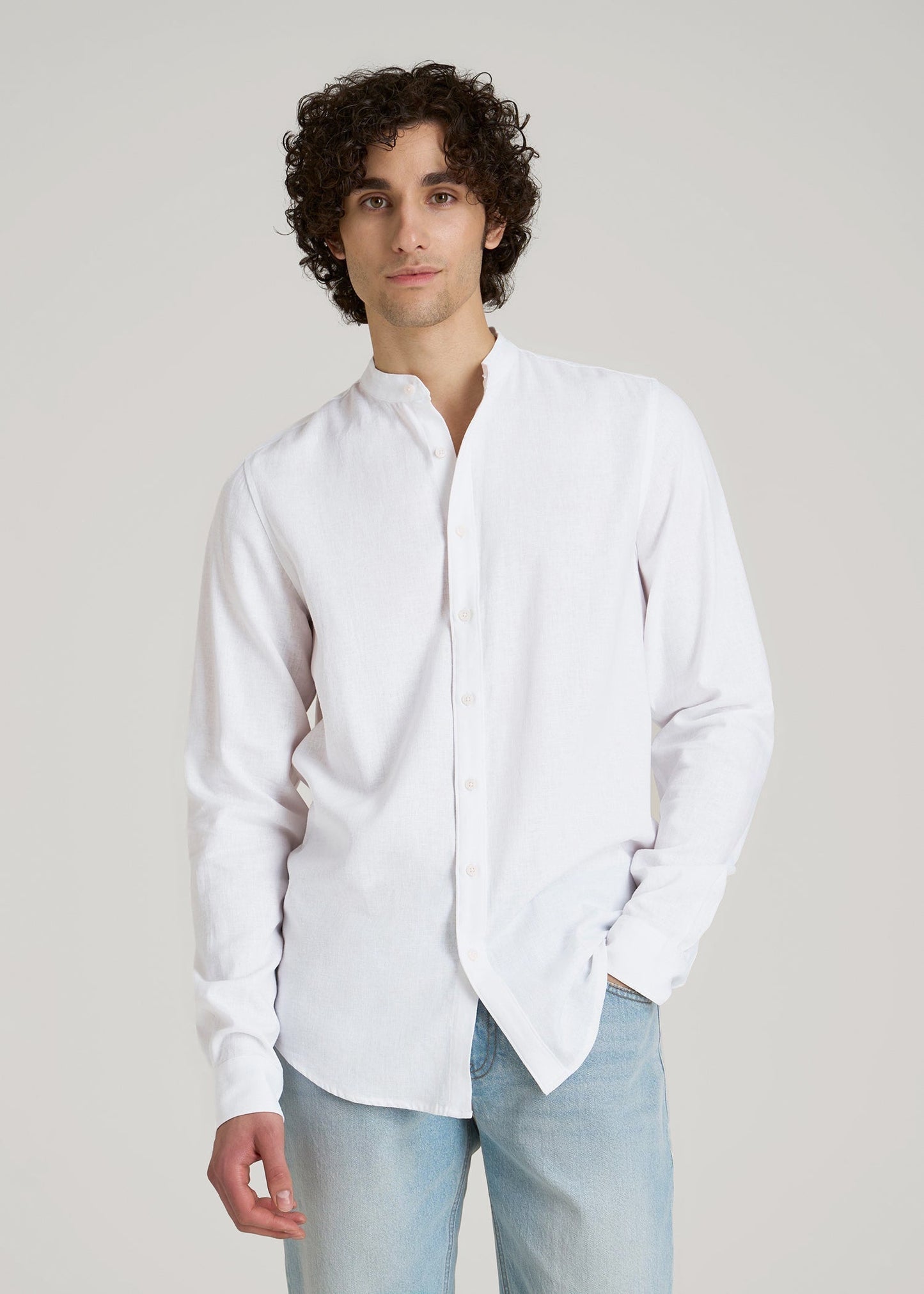 Band Collar Linen Button Shirt for Tall Men in Optic White