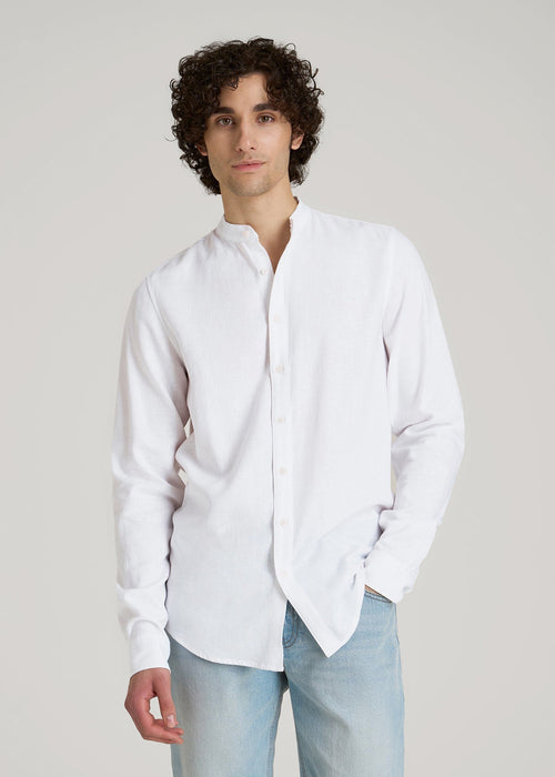 Band Collar Linen Button Shirt for Tall Men in Optic White