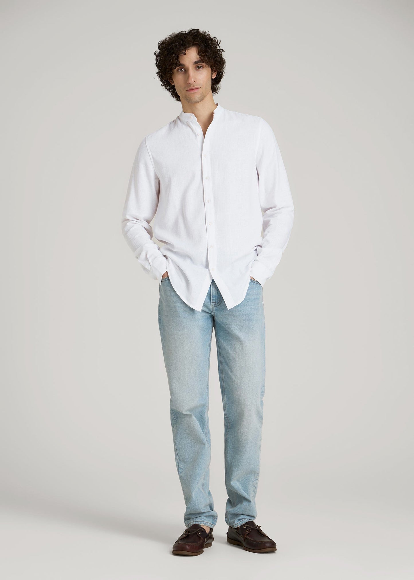 Band Collar Linen Button Shirt for Tall Men in Optic White