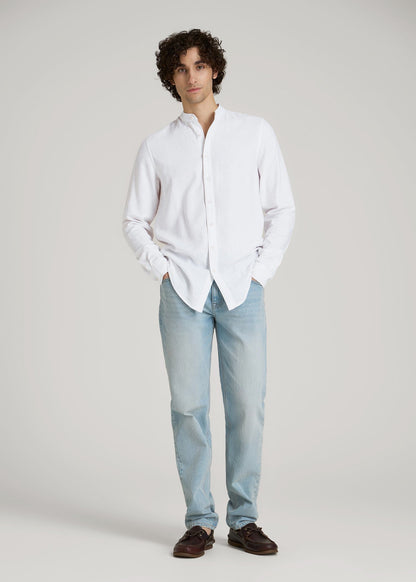 Band Collar Linen Button Shirt for Tall Men in Optic White