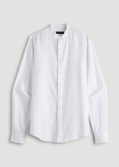 Band Collar Linen Button Shirt for Tall Men in Optic White