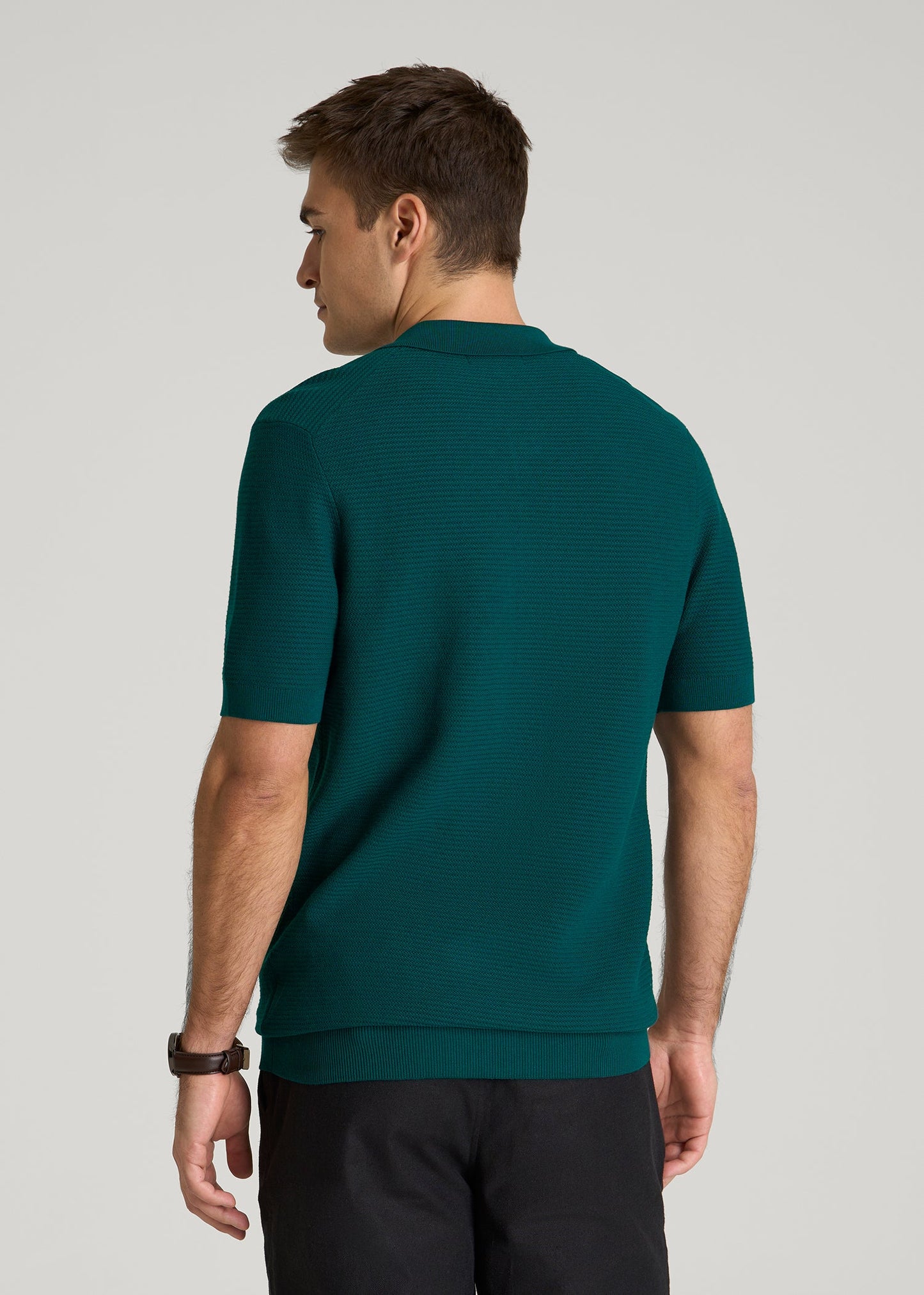 Braided Knit Short Sleeve Polo Cardigan for Tall Men in Deep Teal