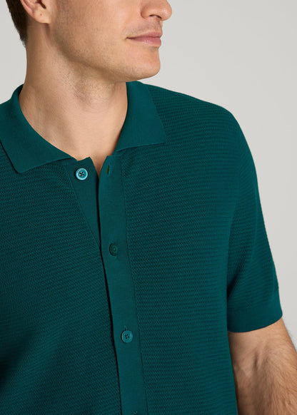 Braided Knit Short Sleeve Polo Cardigan for Tall Men in Deep Teal