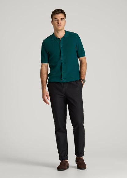 Braided Knit Short Sleeve Polo Cardigan for Tall Men in Deep Teal