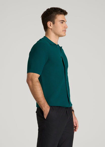 Braided Knit Short Sleeve Polo Cardigan for Tall Men in Deep Teal