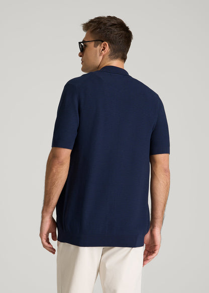 Braided Knit Short Sleeve Polo Cardigan for Tall Men in Navy Blue