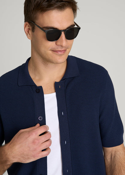 Braided Knit Short Sleeve Polo Cardigan for Tall Men in Navy Blue