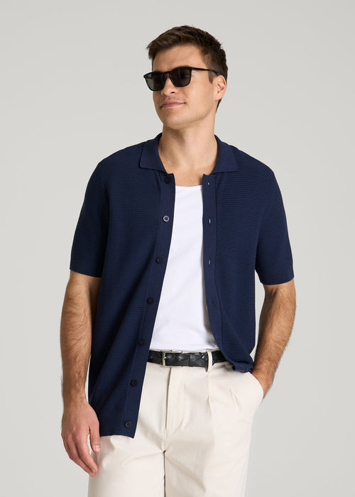 Braided Knit Short Sleeve Polo Cardigan for Tall Men in Navy Blue