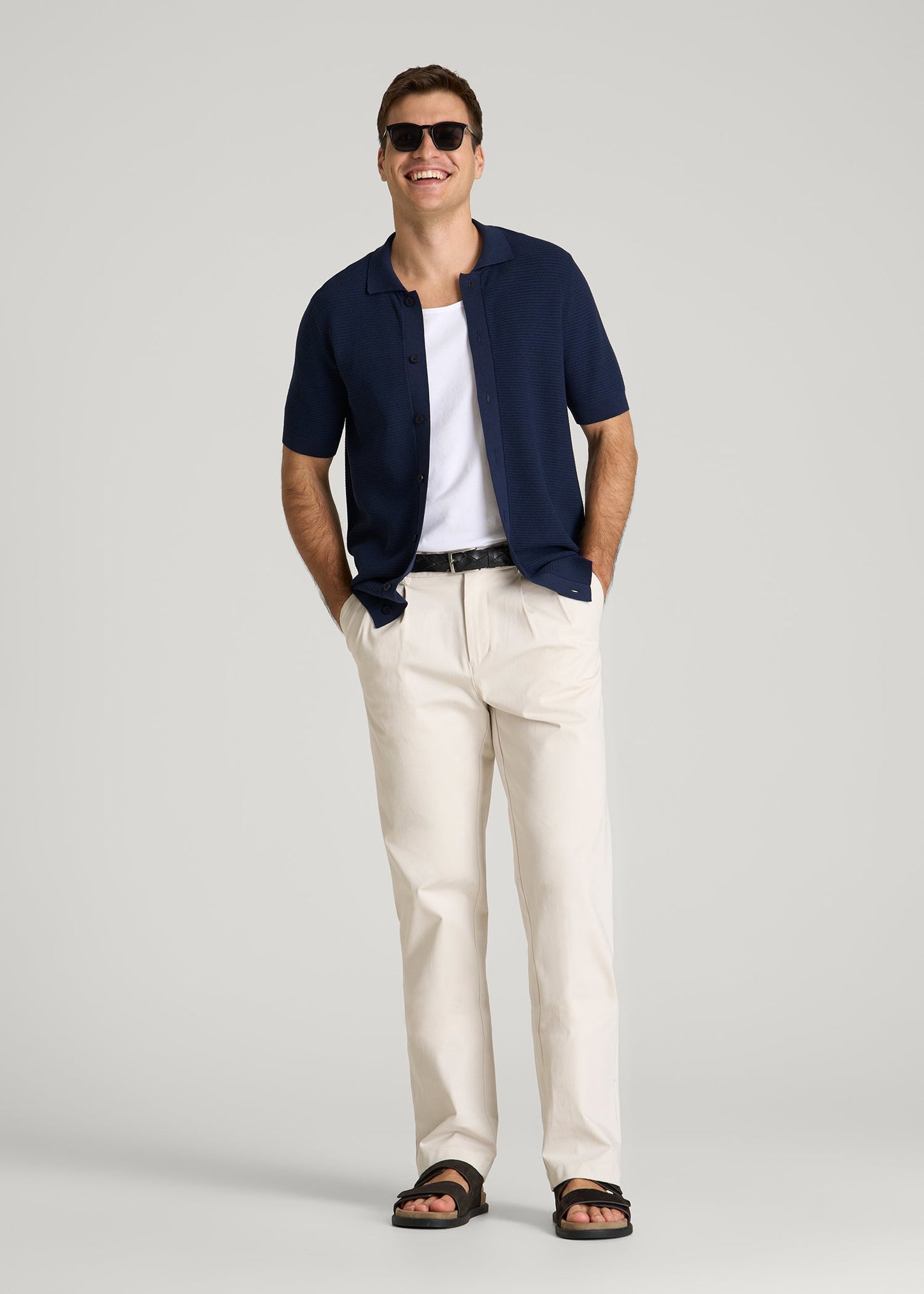 Braided Knit Short Sleeve Polo Cardigan for Tall Men in Navy Blue