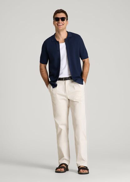Braided Knit Short Sleeve Polo Cardigan for Tall Men in Navy Blue