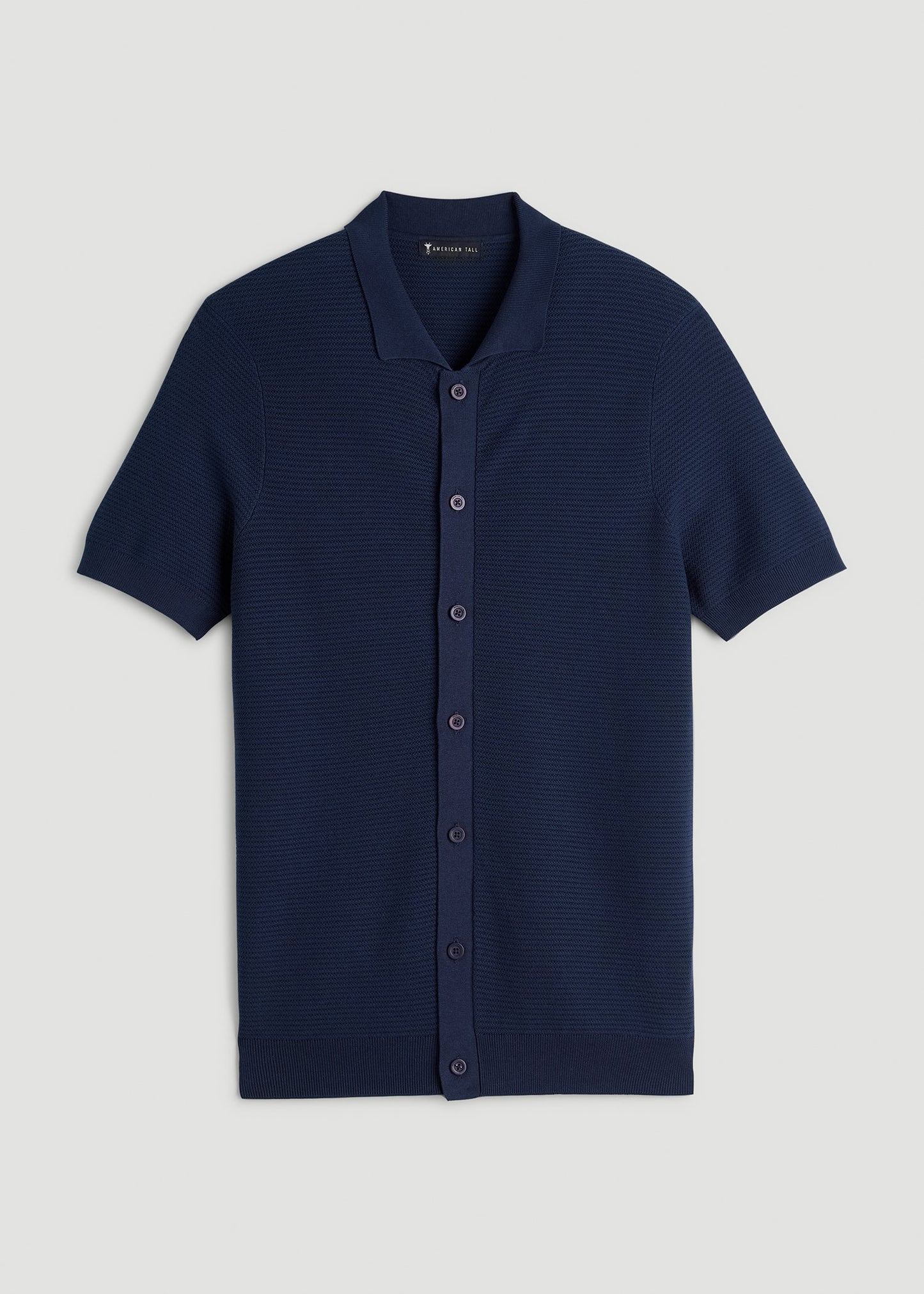 Braided Knit Short Sleeve Polo Cardigan for Tall Men in Navy Blue
