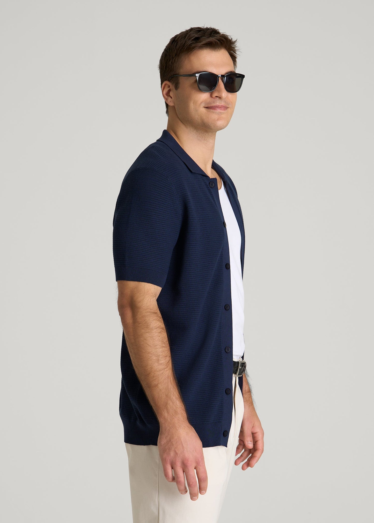 Braided Knit Short Sleeve Polo Cardigan for Tall Men in Navy Blue
