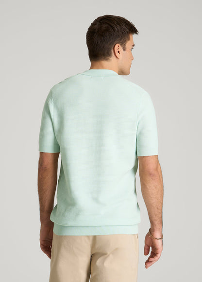 Braided Knit Short Sleeve Polo Cardigan for Tall Men in Opal Blue